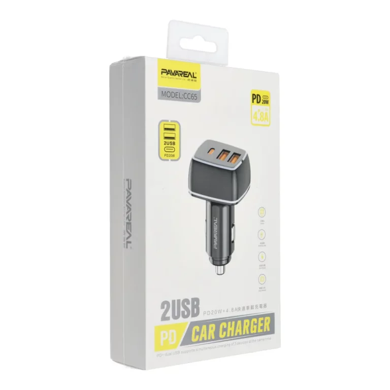 PAVAREAL autonabíjačka 2 x USB A + Typ C PD 4,8A 20W PA-CC65 čierna