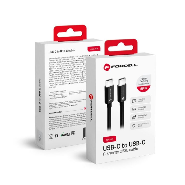 Kábel FORCELL Typ C na Typ C QC4.0 3A/20V PD60W C338 2m Čierny