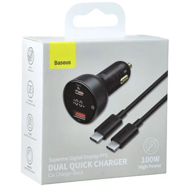 BASEUS autonabíjačka USB A + Typ C s digitálnym displejom + kábel Typ C až Typ C PD3.0 QC4.0 5A 100W TZCCZX-01 čierny