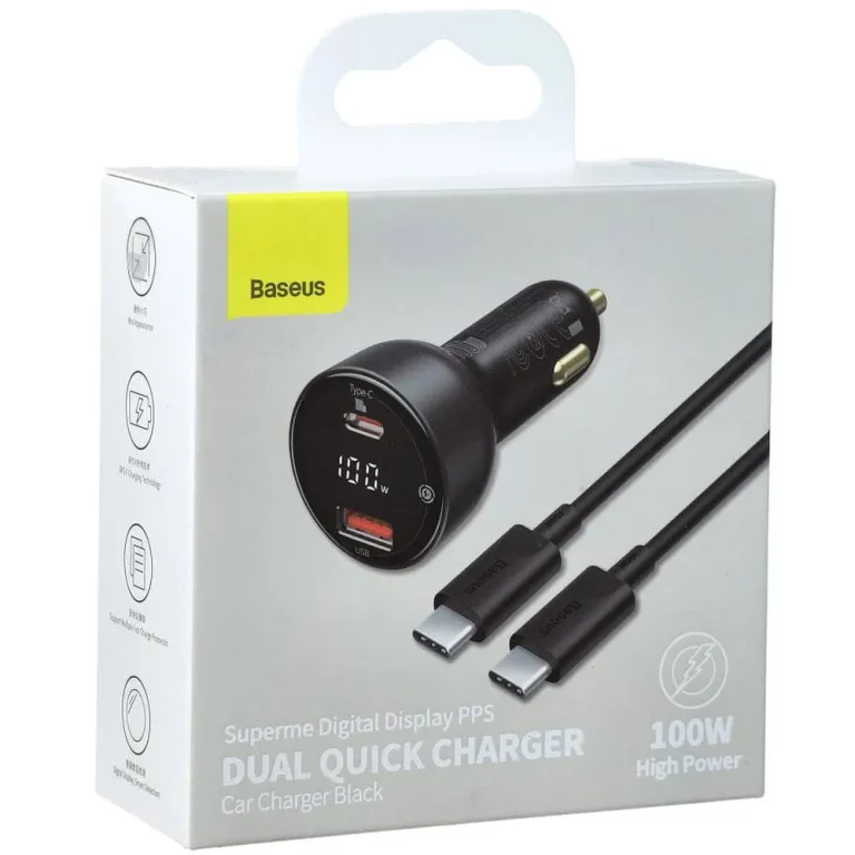 BASEUS autonabíjačka USB A + Typ C s digitálnym displejom + kábel Typ C až Typ C PD3.0 QC4.0 5A 100W TZCCZX-01 čierny